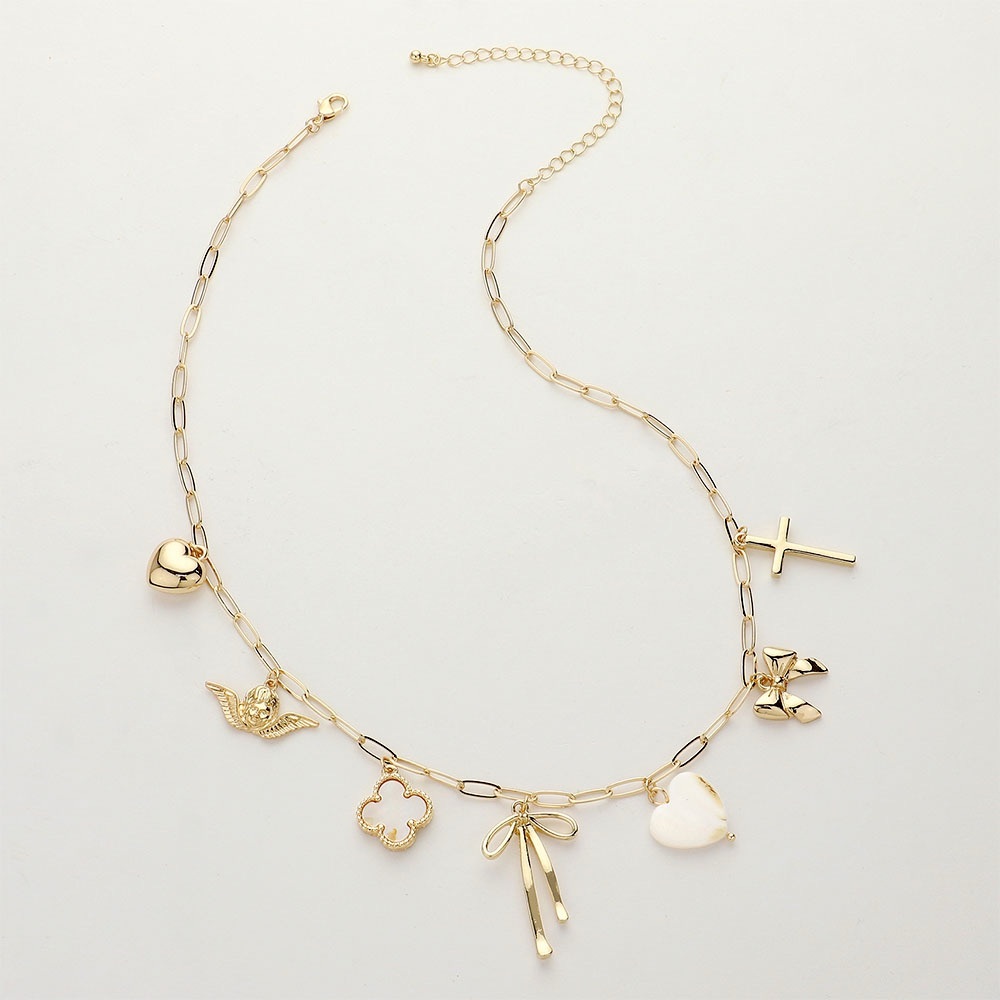 Bow Heart Cross Quatrefoil Angel Charm Station Necklace